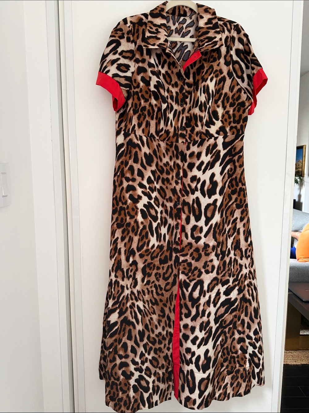 Leopard Print Button-Front Maxi Dress with Red Trim